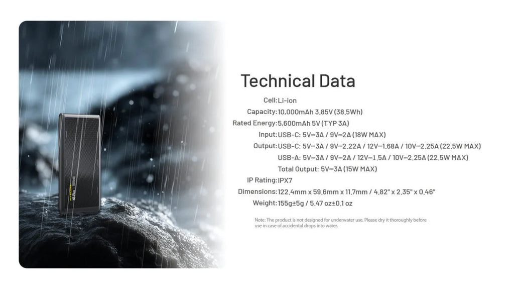 Batterie externe légère et étanche IPX7 de 10 000 mAh